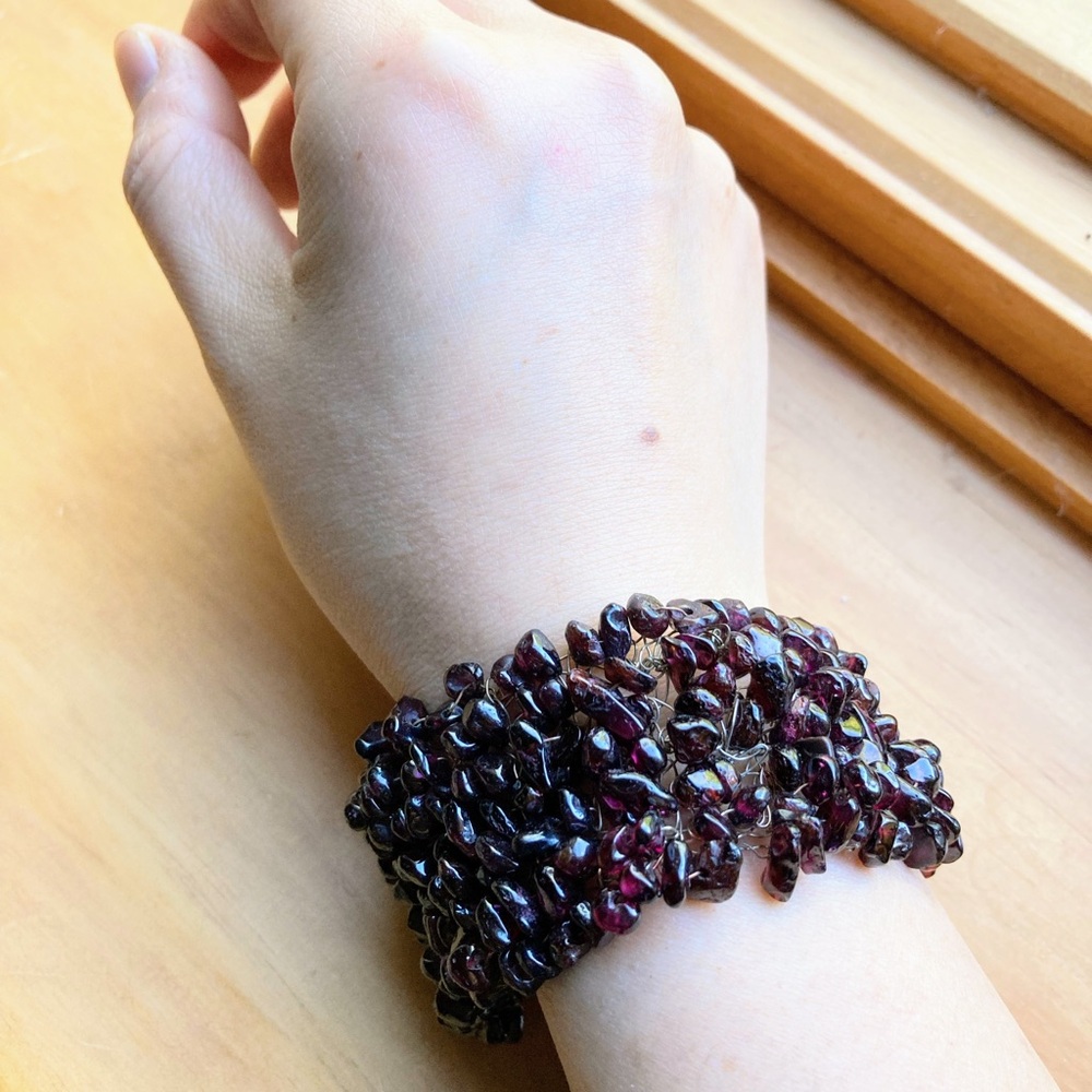 Vintage Genuine Garnet Sterling Silver Hook Handmade Wire Woven Cuff Bracelet